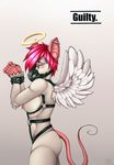  2015 anthro bdsm blush bondage bound breasts ear_piercing feathered_wings feathers female hair halo harness industrial_piercing looking_at_viewer mammal nipple_piercing nipples piercing pink_hair rat red_eyes restrained rodent side_view simple_background solo spazzyhusky white_background wings 