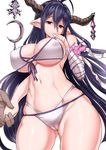  1girl antenna_hair bandages bikini breasts cameltoe cleavage covered_nipples cowboy_shot danua draph finger_to_mouth from_below front-tie_top granblue_fantasy hair_between_eyes highres holding_hands horn_ornament horns large_breasts long_hair miyamoto_issa navel out_of_frame pointy_ears purple_hair red_eyes simple_background string_bikini swimsuit thighs underboob white_background 