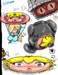  2girls anger_vein blonde_hair blush cameltoe comic earrings embarrassed eyes_closed flattened goomba hasunalu jewelry mario_(series) multiple_girls open_mouth princess_peach rosalina_(mario) rosetta_(mario) simple_background speech_bubble super_mario_3d_world super_mario_bros. super_mario_galaxy thwomp white_background 