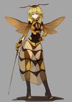  antennae black_footwear black_legwear blonde_hair boots frostcyco full_body hand_on_hip highres hornet insect_girl insect_wings long_skirt looking_at_viewer original personification rapier see-through skirt solo standing sword thigh_boots thighhighs wasp weapon wings yellow_eyes 