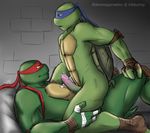  anal anal_penetration anthro bakameganekko bandage biceps brothers brown_eyes cum duo erection green_scales incest kneeling leonardo_(tmnt) lying male male/male mask muscular ninja on_back pads penetration penis precum raphael_(tmnt) reptile scales scalie sex sibling smile straddling teenage_mutant_ninja_turtles turtle yellow_eyes 