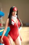  1girl black_hair blue_eyes breasts cleavage cosplay cross hair_ornament league_of_legends life_ring lifeguard long_hair looking_at_viewer nail_polish one-piece_swimsuit photo pool sivir swimsuit whistle 