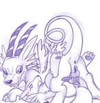  animal_genitalia anthro balls black_and_white cum cum_in_pussy cum_inside digimon dragon duo erection eyelashes half-closed_eyes herm intersex lonbluewolf looking_back lying magnadramon monochrome open_mouth orgasm penis renamon scalie sketch teeth wings 