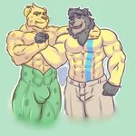  abs anthro bear biceps big_muscles black_eyes black_fur brazilian_flag bulge clothed clothing duo feline fur ginga green_fur half-dressed jaguar kenailykos looking_at_viewer male mammal mascot multicolored_fur muscular muscular_male olympics shaking_hands spots spotted_fur topless two_tone_fur yellow_fur 