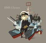  antennae asterisk_kome bandage_on_face blonde_hair boots camouflage character_name chibi commentary_request cruiser depth_charge gloves green_eyes gun hand_on_hip hat hms_ulysses_(novel) injury military military_uniform military_vehicle necktie original personification propeller radar royal_navy shadow ship short_hair sketch solo twitter_username uniform warship watercraft weapon world_war_ii 
