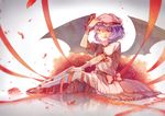  bat_wings bow dress flower frilled_shirt frilled_sleeves frills hat hat_ribbon kneehighs mary_janes mob_cap pikuri pink_dress pout puffy_short_sleeves puffy_sleeves purple_hair red_bow red_eyes red_ribbon reflective_floor remilia_scarlet ribbon rose shirt shoes short_hair short_sleeves solo touhou wings wrist_cuffs 