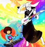  &lt;3 amazing ambiguous_gender asriel_dreemur brown_hair caprine crying duo eyes_closed flower fur goat guitar hair horn human keyboard male mammal modeseven monster musical_instrument plant protagonist_(undertale) rainbow smile star tears undertale white_fur 