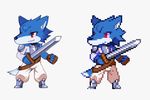  animated anthro armor belt boots canine clothing digital_media_(artwork) fingerless_gloves footwear gloves mammal melee_weapon pixel_(artwork) red_eyes shioinu simple_background sword weapon white_background wolf 