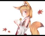  animal_ears autumn_leaves bad_id bad_pixiv_id bare_shoulders blonde_hair detached_collar fox_ears fox_tail hakama highres japanese_clothes long_hair looking_at_viewer low_ponytail miko original red_eyes rerrere ribbon-trimmed_sleeves ribbon_trim sarashi shirt skirt solo tail wide_sleeves 