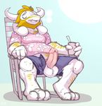  2015 anthro asgore balls barefoot beard braeburned caprine clothed clothing erection facial_hair fur goat hair horn humanoid_penis male mammal monster_boy open_pants outside pants penis poking_out shorts sitting sweat undertale 