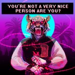  blood building chain city cityscape clothing coconut english_text feline glowing glowing_eyes hotline_miami human jacket lazerfight letterman_jacket male mammal mask moon palm_tree psychedelic red_eyes snarling solo streetlight teeth text tiger tree video_games 