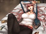  antenna_hair bed belt between_fingers black_pants breasts brown_eyes cigarette cleavage collarbone danganronpa groin hagakure_hiroko jacket jewelry large_breasts lips long_hair long_sleeves lying necklace on_back on_bed open_clothes open_jacket open_mouth pants pink_hair ringed_eyes shirt siroringo solo taut_clothes taut_shirt track_jacket white_shirt zettai_zetsubou_shoujo 