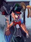  2015 anthro avian beak bow bow_tie clothed clothing feathered_wings feathers hat looking_at_viewer male nevrean open_mouth plushie priley sergal solo top_hat winged_arms wings yellow_eyes zerolativity 