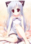  absurdres animal_ears asou_natsume barefoot blush camisole cat_ears highres legs long_hair open_mouth original panties pantyshot pantyshot_(sitting) red_eyes silver_hair sitting solo striped striped_panties tail underwear 