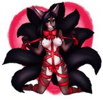  2015 alpha_channel anthro bdsm blue_eyes blush bondage bound bow breasts canine female fox fur kneeling looking_at_viewer mammal multiple_tails nipples porin ribbon_bondage ribbons simple_background smile solo striped_fur stripes transparent_background 