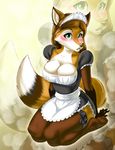  abstract_background anthro big_breasts blush bow breasts brown_hair canine cleavage clothed clothing demon87 female fox fur green_eyes hair kneeling legwear looking_at_viewer maid maid_uniform mammal plantigrade solo stockings thick_thighs thigh_highs unknown_artist 