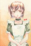  alternate_costume apron blouse breasts brown_eyes brown_hair enmaided highres hiryuu_(kantai_collection) japanese_clothes jewelry kantai_collection large_breasts light_smile maid necklace one_side_up short_hair skirt solo tesun_(g_noh) traditional_media waist_apron watercolor_pencil_(medium) 