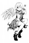  bow bowtie dress greyscale highres jacket kishin_sagume monochrome one_eye_closed open_clothes ruukii_drift shirt short_hair simple_background single_wing sketch smile solo touhou white_background wings 