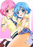  1boy 1girl artist_request ass blue_eyes blue_hair braid breasts brother_and_sister chisato_(missing_park) dorothy_west grin leona_west looking_at_viewer mole mole_under_eye necktie open_mouth panties pink_eyes pink_hair pripara school_uniform short_hair siblings skirt smile twins underwear upskirt v white_panties 