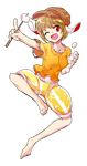  ;d alphes_(style) animal_ears barefoot blonde_hair bunny_ears dairi dango flat_cap floppy_ears food full_body hair_between_eyes hat holding holding_food looking_at_viewer midriff navel one_eye_closed open_mouth orange_shirt outstretched_arm parody pointing red_eyes ringo_(touhou) shirt short_hair short_sleeves shorts skewer smile solo style_parody tachi-e tareme touhou transparent_background wagashi yellow_shirt 
