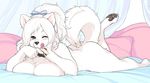  ;q animal_ears blue_eyes blush breasts cake food fur furry hair_ribbon huge_breasts kikurage_(crayon_arts) looking_at_viewer lying nude on_stomach one_eye_closed original paws ribbon snout solo tail tongue tongue_out 