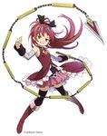  bare_shoulders black_legwear boots bow chain chain_whip detached_sleeves grin hair_bow knee_boots long_hair magical_girl mahou_shoujo_madoka_magica official_art phantom_of_the_kill polearm ponytail red_eyes red_footwear red_hair sakura_kyouko smile solo spear thighhighs weapon 