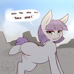  2015 blush cold-blooded-twilight dialogue earth_pony english_text equine female feral friendship_is_magic hair hi_res horse looking_at_viewer mammal maud_pie_(mlp) my_little_pony outside pony purple_hair pussy raised_leg solo text 
