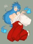  blue_eyes blue_hair blush breasts breasts_outside fbc ghost_sweeper_mikami hakama himuro_kinu hitodama japanese_clothes jumping large_breasts long_hair looking_at_viewer low-tied_long_hair miko nipples open_clothes open_mouth open_shirt red_hakama shirt solo 