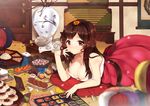  amo_(rnrkrn) bare_shoulders breasts brown_eyes brown_hair cleavage cookie cushion dress food hairband large_breasts long_hair lying on_stomach original solo vase 