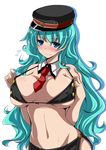  adapted_costume aqua_hair bad_id bad_pixiv_id bangs between_breasts bikini bikini_top black_bikini black_hat blue_eyes blush breasts breasts_apart buttons closed_mouth detached_collar drop_shadow embarrassed eyebrows_visible_through_hair flying_sweatdrops hair_between_eyes halter_top halterneck hat hips imagawa_yoshimoto_(sengoku_collection) large_breasts long_hair looking_at_viewer military_hat mini_necktie mutou_kurihito navel necktie necktie_between_breasts peaked_cap pulled_by_self red_neckwear sarong sengoku_collection side_slit simple_background solo standing strap_gap strap_pull sweat swimsuit underboob very_long_hair wavy_hair white_background 