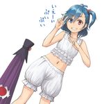  alternate_hairstyle bare_shoulders bloomers blue_eyes blue_hair closed_umbrella collarbone crop_top double_v grin hair_bobbles hair_ornament heterochromia highres karakasa_obake kitano_(kitanosnowwhite) looking_at_viewer midriff navel red_eyes short_hair side_ponytail simple_background sleeveless smile solo tatara_kogasa text_focus touhou umbrella underwear underwear_only v white_background white_bloomers 