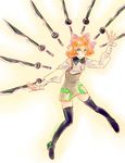  1girl android bare_shoulders black_legwear bow green_eyes musukichi orange_hair penny_(rwby) ribbon rwby skirt sword thighhighs weapon weapons 