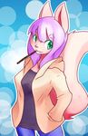  anthro breasts canine clothing dog female fur green_eyes hair hoodie japanese jeans kemono long_hair mammal novsilv pink_fur pocky purple_hair rodent solo squirrel 