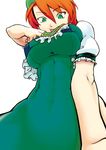  bikini bodysuit breasts covered_navel from_below green_bodysuit green_eyes highres hong_meiling kagehito large_breasts long_hair looking_at_viewer micro_bikini puffy_short_sleeves puffy_sleeves red_hair shirt_lift short_sleeves solo swimsuit toned tongue tongue_out touhou 