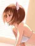  animal_ears bikini blush brown_hair cat_ears fake_animal_ears green_eyes hairband idolmaster idolmaster_cinderella_girls indoors leaning_forward maekawa_miku nekopuchi short_hair solo strap_gap swimsuit white_bikini 