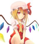  ascot bad_id bad_pixiv_id blonde_hair blush flandre_scarlet hat highres kuroganeruto red_eyes ribbon short_hair side_ponytail simple_background smile solo touhou white_background wings 