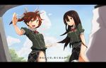  2girls admiral_(kantai_collection) black_hair blue_sky breasts brown_hair chikuma_(kantai_collection) cloud commentary_request day hair_between_eyes hair_ribbon kantai_collection long_hair medium_breasts military military_uniform multiple_girls naval_uniform no_panties open_mouth pelvic_curtain remodel_(kantai_collection) ribbon rimukoro skirt sky small_breasts smile tone_(kantai_collection) translation_request tree twintails uniform yellow_eyes 