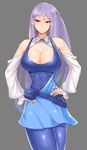  breasts cleavage grey_background gundam gundam_zz hands_on_hips highres large_breasts long_hair looking_at_viewer pantyhose pouch purple_hair red_eyes roux_louka simple_background smile solo wolffeld 