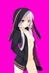  animal_hood breasts brown_eyes bunny_hood closed_mouth collarbone cowboy_shot hair_ornament hands_in_pockets highres hood hoodie kushibi looking_at_viewer medium_breasts naked_hoodie navel open_clothes open_hoodie pink_background purple_hair solo stomach vocaloid voiceroid yuzuki_yukari 