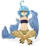  ahoge alpha_channel avian blue_feathers blue_hair clothed clothing feathers female hair happy harpy hi_res looking_at_viewer midriff monster monster_girl orange_eyes papi_(monster_musume) shorts shyshyoctavia simple_background sitting solo talons transparent_background 