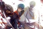  aqua_hair back-to-back battle cape elec ichigo_hitofuri japanese_clothes male_focus multiple_boys necktie silver_hair sword touken_ranbu tsurumaru_kuninaga uniform weapon yellow_eyes 