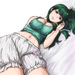  bare_shoulders bloomers breasts cleavage come_hither covered_nipples crop_top dutch_angle frog_hair_ornament green_eyes green_hair hair_ornament heart kitano_(kitanosnowwhite) kochiya_sanae large_breasts long_hair looking_at_viewer lying midriff navel on_bed on_side simple_background sleeveless smile snake_hair_ornament solo textless touhou underwear white_background 