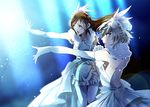  anastasia_(idolmaster) bare_shoulders blue_eyes brown_eyes brown_hair elbow_gloves gen_(enji) gloves hat idolmaster idolmaster_cinderella_girls long_hair love_laika multiple_girls nitta_minami open_mouth outstretched_arms pure_white_memories short_hair silver_hair 