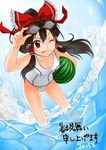  2015 bent_over black_hair cloud dated day dutch_angle food fruit goggles goggles_on_head hair_ornament hair_ribbon hair_tubes hakurei_reimu highres long_hair monrooru one-piece_swimsuit ponytail red_eyes ribbon sky solo swimsuit text_focus tongue tongue_out touhou translation_request wading water watermelon wet 