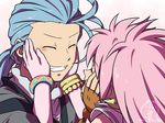  1girl arche_klein blue_hair chester_barklight closed_eyes couple gloves grin hand_on_another's_cheek hand_on_another's_face hetero long_hair mifuta pink_hair ponytail smile tales_of_(series) tales_of_phantasia 