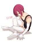  1boy crossdressing elbow_gloves free! gloves male_focus matsuoka_rin megumi-square red_eyes red_hair shirt short_hair simple_background sitting sleeveless_shirt smile solo thighhighs underwear white_legwear 