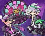  1boy 4girls aori_(splatoon) arm_behind_head arm_support black_dress black_hair brown_eyes closed_eyes detached_collar dj dj_takowasa domino_mask dress earrings fangs food food_on_head goggles green_legwear headdress hotaru_(splatoon) jewelry long_hair looking_at_viewer mask mecha midriff mole mole_under_eye multiple_girls object_on_head octarian octopus open_mouth pantyhose pink_legwear pointy_ears red_hair shoes short_hair short_jumpsuit sitting smile splatoon_(series) splatoon_1 strapless strapless_dress takozonesu tentacle_hair wariza waving white_hair yamuyamuyuu 