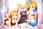  ahoge artoria_pendragon_(all) bad_id bad_pixiv_id barefoot bed black_bra black_legwear black_panties blonde_hair blue_bra blue_panties bra breasts cleavage elbow_gloves fate/extra fate/stay_night fate/unlimited_codes fate_(series) gambe gloves green_eyes lace lace-trimmed_bra lace-trimmed_panties large_breasts lingerie looking_at_viewer medium_breasts multiple_girls multiple_persona nero_claudius_(fate) nero_claudius_(fate)_(all) panties petals pillow pillow_hug ponytail red_bra red_panties saber saber_alter saber_lily small_breasts thighhighs underwear underwear_only white_bra white_legwear yellow_eyes 