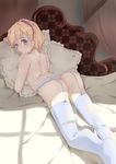  alice_margatroid anus ass blonde_hair blue_eyes blue_legwear breasts frilled_pillow frills garter_belt headband keyfanjun looking_at_viewer looking_back lying medium_breasts nude on_bed on_stomach pillow pussy short_hair sideboob smile solo thighhighs touhou uncensored 