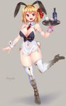  alternate_breast_size alternate_costume animal_ears arm_garter blonde_hair blush boots bottle breasts bunny_ears bunny_girl bunny_tail cleavage covered_navel cup detached_collar doyouwantto fang full_body high_heel_boots high_heels large_breasts looking_at_viewer necktie older open_mouth panties red_eyes red_neckwear rumia short_hair short_necktie side-tie_panties simple_background smile solo tail thigh_boots thighhighs touhou tray underwear wrist_cuffs zipper 